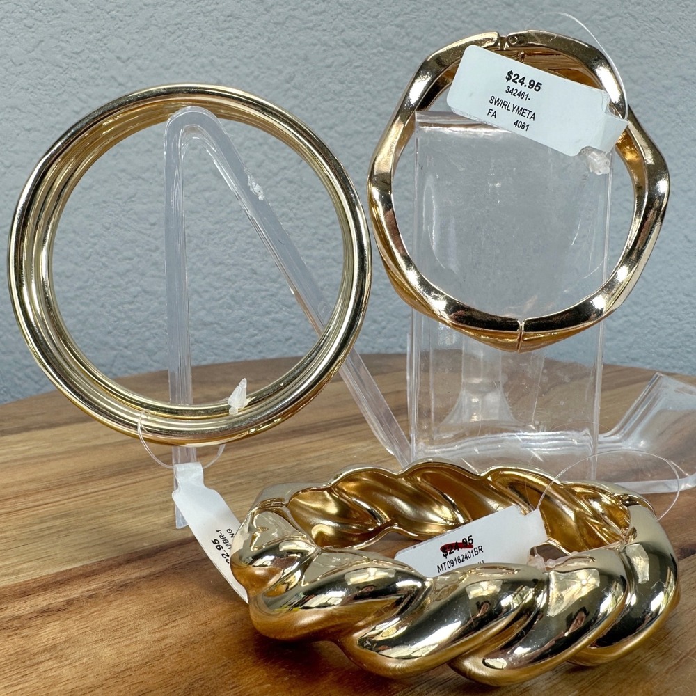 Francesca's Gold Tone Bangle Bracelet Set Twisted Swirly Metal Tube Bangles NEW
